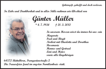 Traueranzeige von Günter Müller von Rüsselsheimer Echo, Groß-Gerauer-Echo, Ried Echo