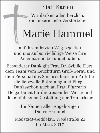 Traueranzeige von Marie Hammel von Rüsselsheimer Echo, Groß-Gerauer-Echo, Ried Echo