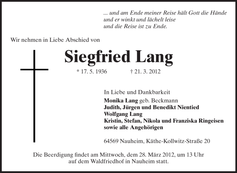  Traueranzeige für Siegfried Lang vom 24.03.2012 aus Rüsselsheimer Echo, Groß-Gerauer-Echo, Ried Echo