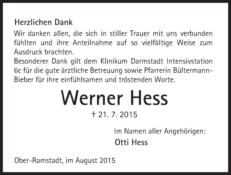 Traueranzeigen von Werner Hess www.vrmtrauer.de