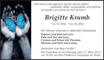Traueranzeige von Brigitte Krumb von Rüsselsheimer Echo, Groß-Gerauer-Echo, Ried Echo