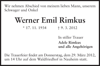 Traueranzeige von Werner Emil Rimkus von Rüsselsheimer Echo, Groß-Gerauer-Echo, Ried Echo