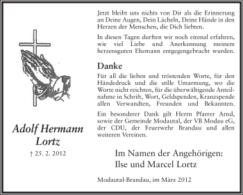 Traueranzeige von Adolf Hermann Lortz von Echo-Zeitungen (Gesamtausgabe)