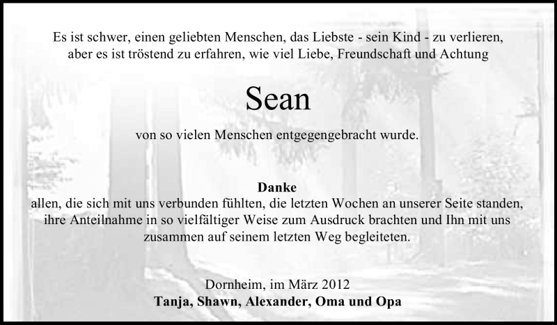  Traueranzeige für Sean Maholick vom 24.03.2012 aus Echo-Zeitungen (Gesamtausgabe)
