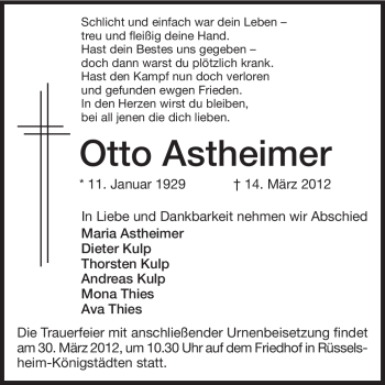 Traueranzeige von Otto Astheimer von Rüsselsheimer Echo, Groß-Gerauer-Echo, Ried Echo