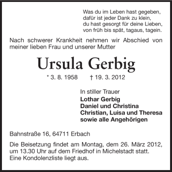 Traueranzeige von Ursula Gerbig von Odenwälder Echo