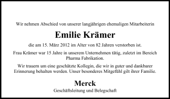 Traueranzeige von Emilie Krämer von Echo-Zeitungen (Gesamtausgabe)