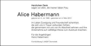 Traueranzeige von Alice Habermann von Echo-Zeitungen (Gesamtausgabe)