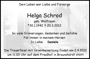 Traueranzeige von Helga Schrod von Echo-Zeitungen (Gesamtausgabe)