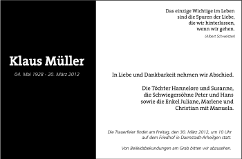 Traueranzeige von Klaus Müller von Echo-Zeitungen (Gesamtausgabe)