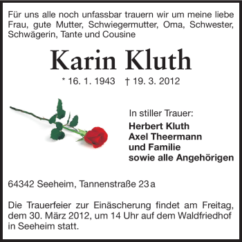 Traueranzeige von Karin Kluth von Echo-Zeitungen (Gesamtausgabe)