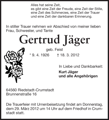 Traueranzeige von Gertrud Jäger von Rüsselsheimer Echo, Groß-Gerauer-Echo, Ried Echo
