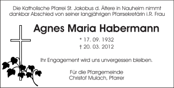Traueranzeige von Agnes Maria Habermann von Rüsselsheimer Echo, Groß-Gerauer-Echo, Ried Echo
