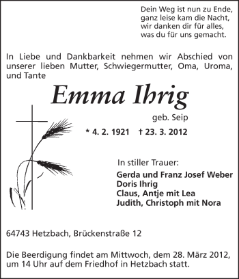 Traueranzeige von Emma Ihrig von Odenwälder Echo