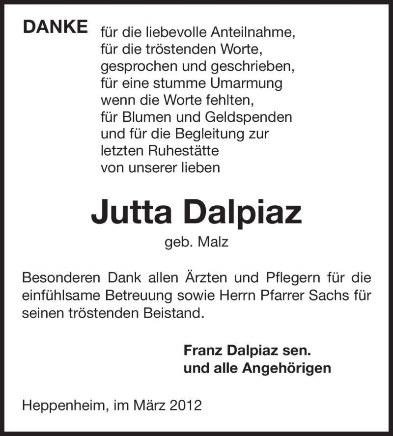  Traueranzeige für Jutta Dalpiaz vom 31.03.2012 aus Starkenburger Echo