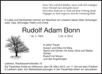 Traueranzeige von Rudolf Adam Bonn von Echo-Zeitungen (Gesamtausgabe)