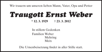 Traueranzeige von Traugott Ernst Weber von Darmstädter Echo, Odenwälder Echo, Rüsselsheimer Echo, Groß-Gerauer-Echo, Ried Echo