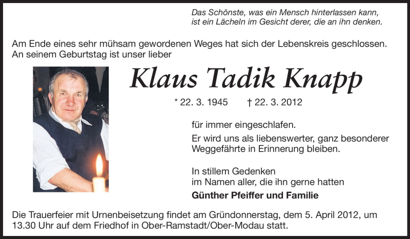  Traueranzeige für Klaus Tadik Knapp vom 28.03.2012 aus Echo-Zeitungen (Gesamtausgabe)
