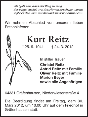 Traueranzeige von Kurt Reitz von Darmstädter Echo, Odenwälder Echo, Rüsselsheimer Echo, Groß-Gerauer-Echo, Ried Echo