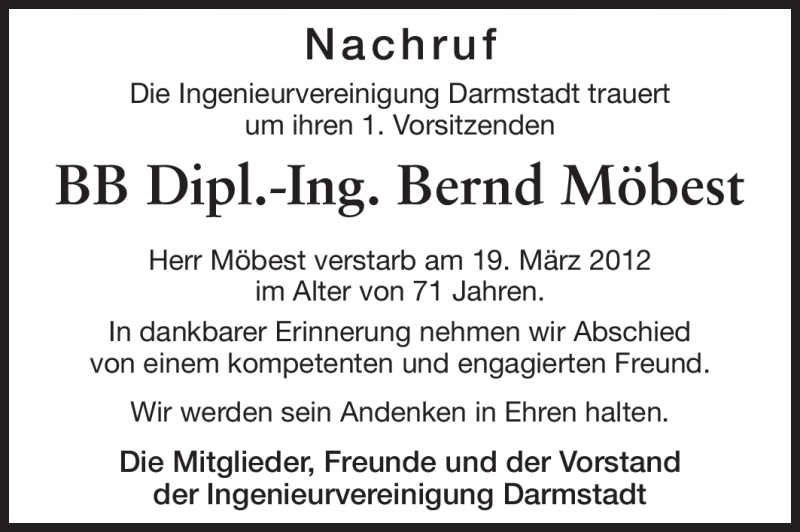  Traueranzeige für Bernd Möbest vom 27.03.2012 aus Darmstädter Echo, Odenwälder Echo, Rüsselsheimer Echo, Groß-Gerauer-Echo, Ried Echo