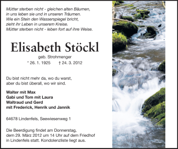 Traueranzeige von Elisabeth Stöckl von Starkenburger Echo, Bergsträßer Anzeiger