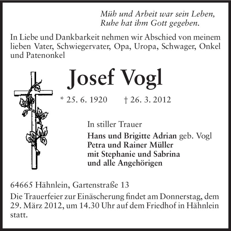  Traueranzeige für Josef Vogl vom 27.03.2012 aus Echo-Zeitungen (Gesamtausgabe)