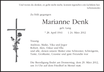 Traueranzeige von Marianne Denk von Echo-Zeitungen (Gesamtausgabe)