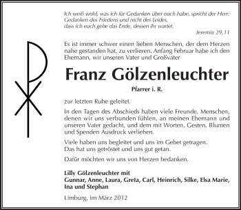 Traueranzeige von Franz Gölzenleuchter von Darmstädter Echo, Odenwälder Echo, Rüsselsheimer Echo, Groß-Gerauer-Echo, Ried Echo
