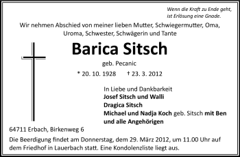 Traueranzeige von Barica Sitsch von Odenwälder Echo