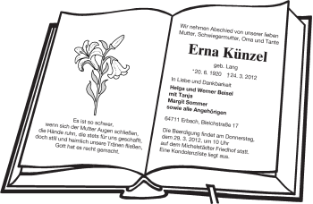 Traueranzeige von Erna Künzel von Odenwälder Echo