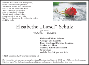Traueranzeige von Elisabethe Schulz von Darmstädter Echo, Odenwälder Echo, Rüsselsheimer Echo, Groß-Gerauer-Echo, Ried Echo