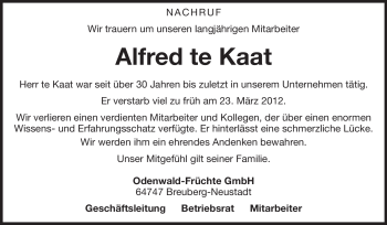 Traueranzeige von Alfred te Kaat von Odenwälder Echo