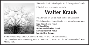 Traueranzeige von Walter Krauß von Darmstädter Echo, Odenwälder Echo, Rüsselsheimer Echo, Groß-Gerauer-Echo, Ried Echo