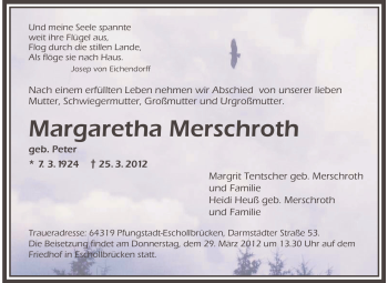Traueranzeige von Margaretha Merschroth von Echo-Zeitungen (Gesamtausgabe)