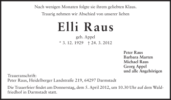 Traueranzeige von Elli Raus von Echo-Zeitungen (Gesamtausgabe)