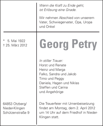 Traueranzeige von Georg Petry von Echo-Zeitungen (Gesamtausgabe)