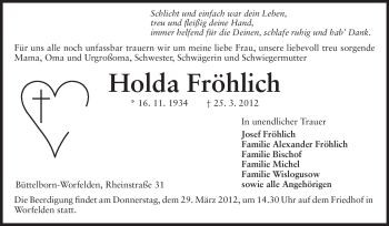 Traueranzeige von Holda Fröhlich von Rüsselsheimer Echo, Groß-Gerauer-Echo, Ried Echo