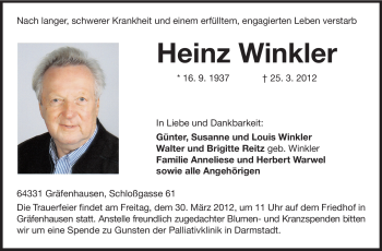 Traueranzeige von Heinz Winkler von Echo-Zeitungen (Gesamtausgabe)