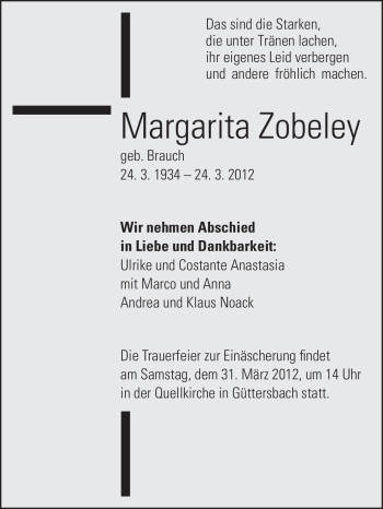 Traueranzeige von Margarita Zobeley von Odenwälder Echo