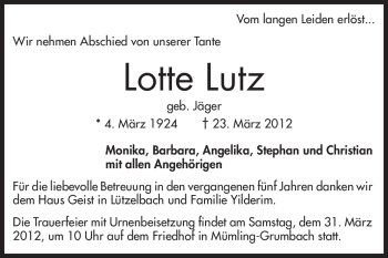Traueranzeige von Lotte Lutz von Odenwälder Echo