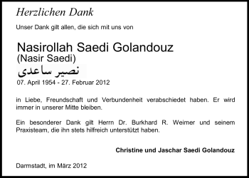 Traueranzeige von Nasirollah Saedi Golandouz von Echo-Zeitungen (Gesamtausgabe)