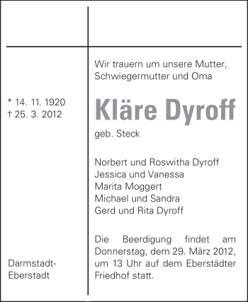Traueranzeige von Kläre Dyroff von Echo-Zeitungen (Gesamtausgabe)