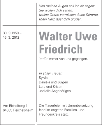 Traueranzeige von Walter Uwe Friedrich von Odenwälder Echo