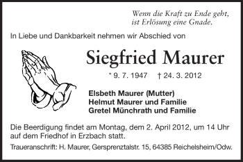 Traueranzeige von Siegfried Maurer von Odenwälder Echo