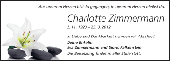 Traueranzeige von Charlotte Zimmermann von Darmstädter Echo, Odenwälder Echo, Rüsselsheimer Echo, Groß-Gerauer-Echo, Ried Echo