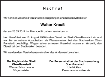 Traueranzeige von Walter Krauß von Echo-Zeitungen (Gesamtausgabe)