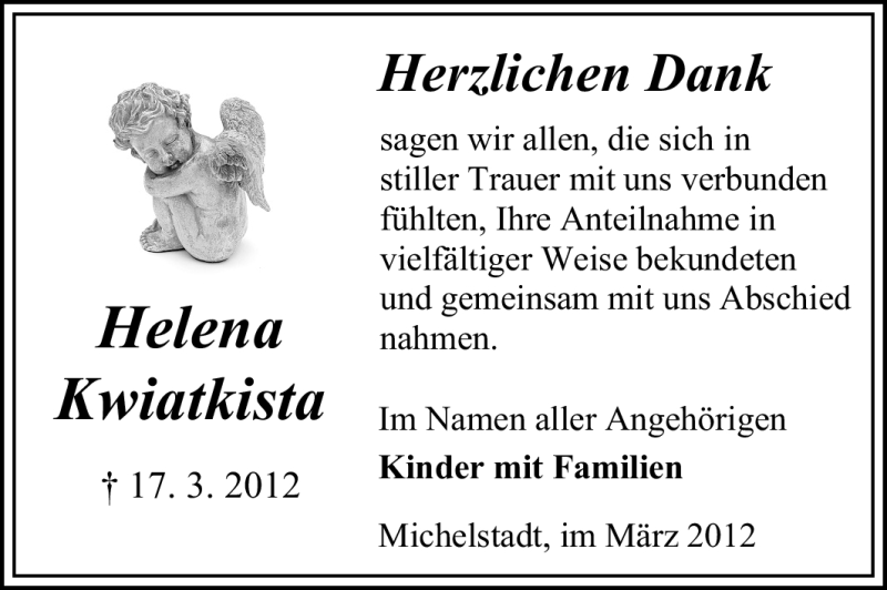  Traueranzeige für Helena Kwiatkista vom 30.03.2012 aus Odenwälder Echo