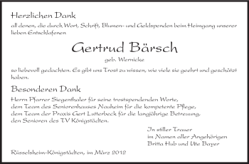 Traueranzeige von Gertrud Bärsch von Rüsselsheimer Echo, Groß-Gerauer-Echo, Ried Echo