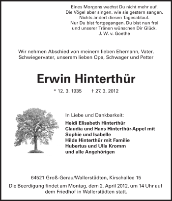 Traueranzeige von Erwin Hinterthür von Rüsselsheimer Echo, Groß-Gerauer-Echo, Ried Echo