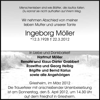 Traueranzeige von Ingeborg Möller von Echo-Zeitungen (Gesamtausgabe)